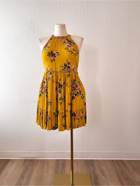Xhilaration Dresses & Skirts - Xhilaration Mustard Yellow Floral Halter Mini Dress